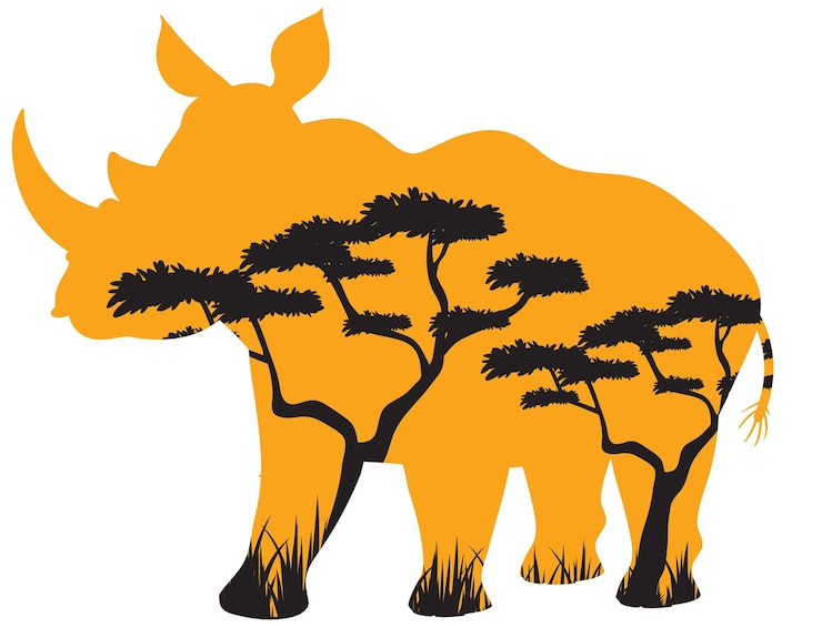 Vector gratuito silueta, rinosaurio, con, árbol