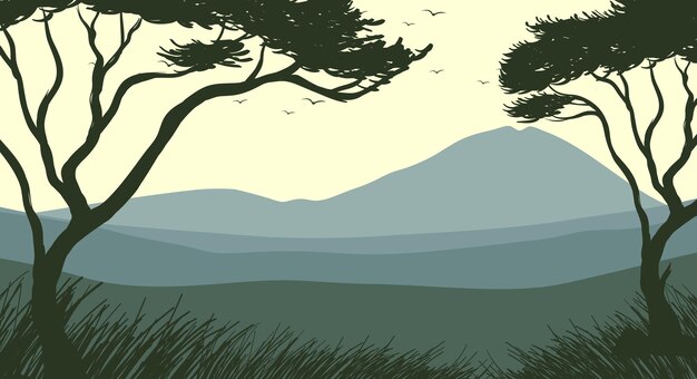 silueta, sombra, de, bosque, escena
