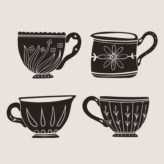 Conjunto De Tazas De Té En El Estilo Vintage. Ilustraciones svg,  vectoriales, clip art vectorizado libre de derechos. Image 41264085