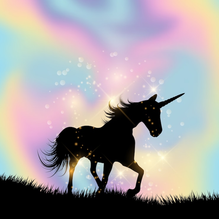 Vector gratuito silueta de un unicornio sobre un fondo degradado de holograma