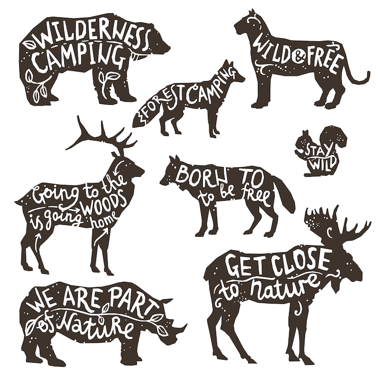Vector gratuito siluetas de animales salvajes con letras