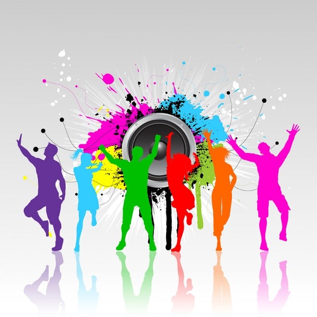 Vector gratuito siluetas coloridas de personas bailando en un fondo grunge