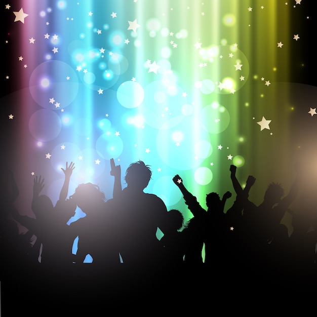 Siluetas de fiesta sobre un colorido fondo con luces