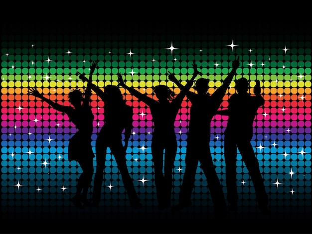 Siluetas de gente bailando en el fondo de la discoteca