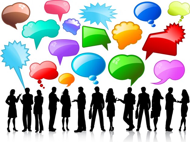 Siluetas de gente de negocios en conversación con burbujas de texto brillosos