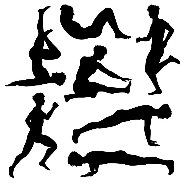 Vector gratuito siluetas masculinas en varios deportes y poses de estiramiento.