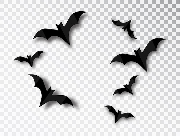 Siluetas de murciélagos solated sobre fondo transparente. Elemento de diseño tradicional de Halloween. Vector conjunto de murciélagos vampiro aislado.
