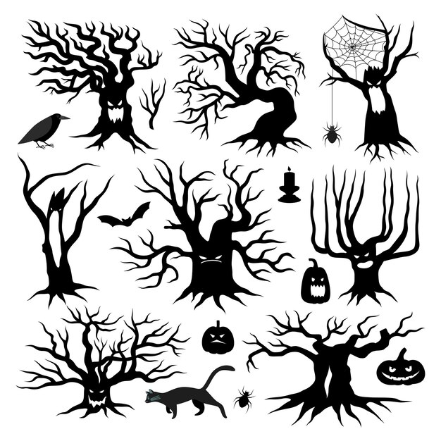 Siluetas negras de espeluznantes árboles muertos de halloween con calabazas jack o linterna, velas y animales, conjunto plano, ilustración vectorial aislada