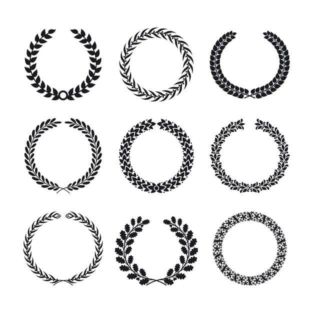 Siluetas negras de hojas de laurel circular y coronas de trigo. Elemento de victoria, paz y ganador, signo de colección de calidad.