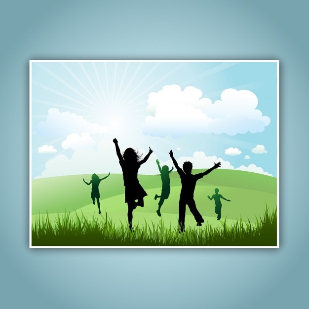 Vector gratuito siluetas de niños corriendo y jugando en una colina