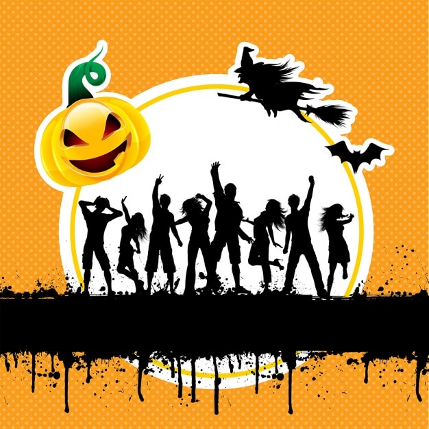 Vector gratuito siluetas de personas bailando en un fondo grunge de halloween