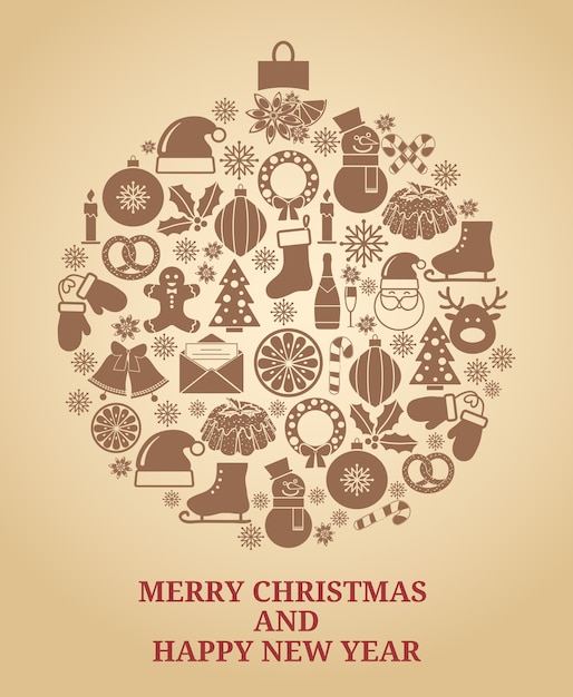Símbolo del árbol de Navidad en estilo vintage con iconos de Navidad ilustración vectorial