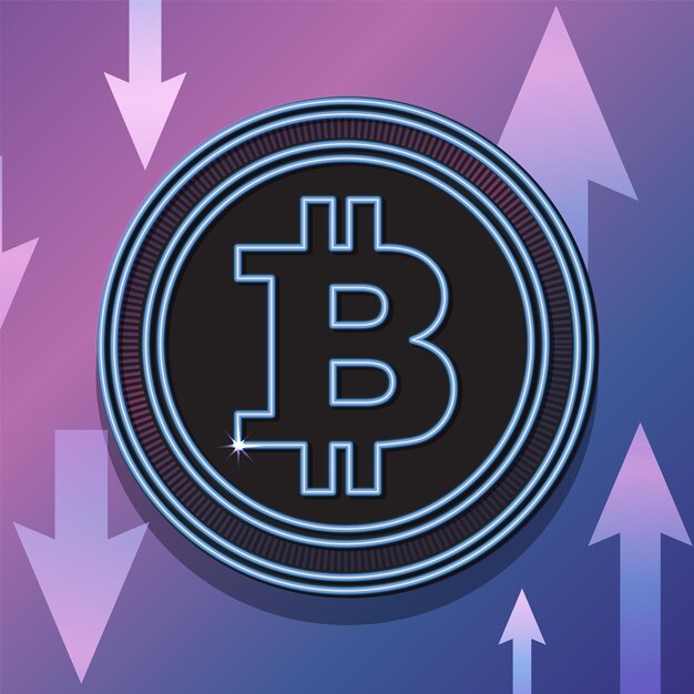 Símbolo de Bitcoin con flechas en el fondo