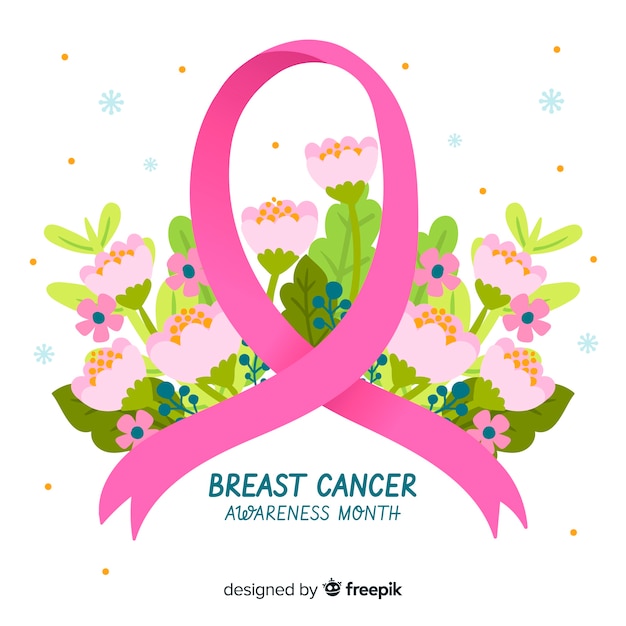 Símbolo de conciencia de cáncer de mama con flores en el fondo