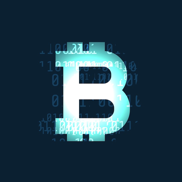 Vector gratuito símbolo de criptomoneda bitcoin que brilla intensamente en fondo oscuro