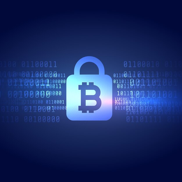 símbolo digital de bitcoin con fondo de forma de candado asegurado