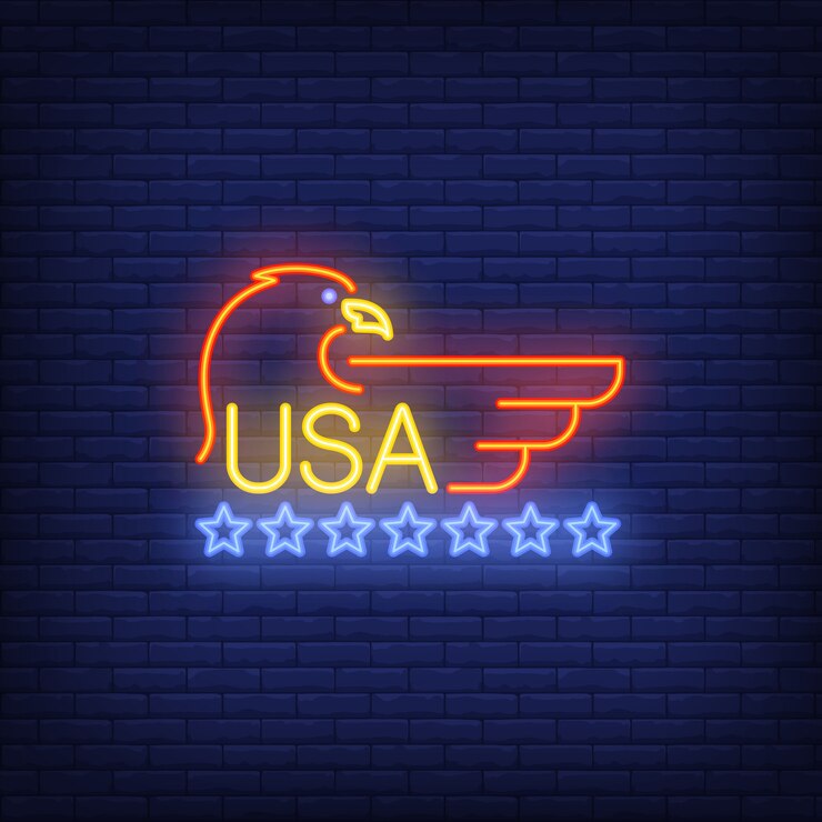 Vector gratuito símbolo de estados unidos y águila con estrellas sobre fondo de ladrillo. ilustración de estilo neón.