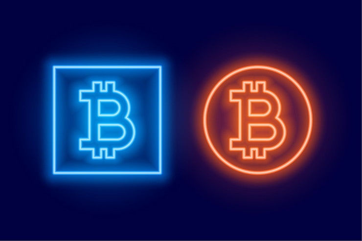 Vector gratuito símbolo del logotipo de dos bitcoins hecho en estilo neón