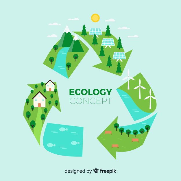 Símbolo de reciclaje con prados verdes