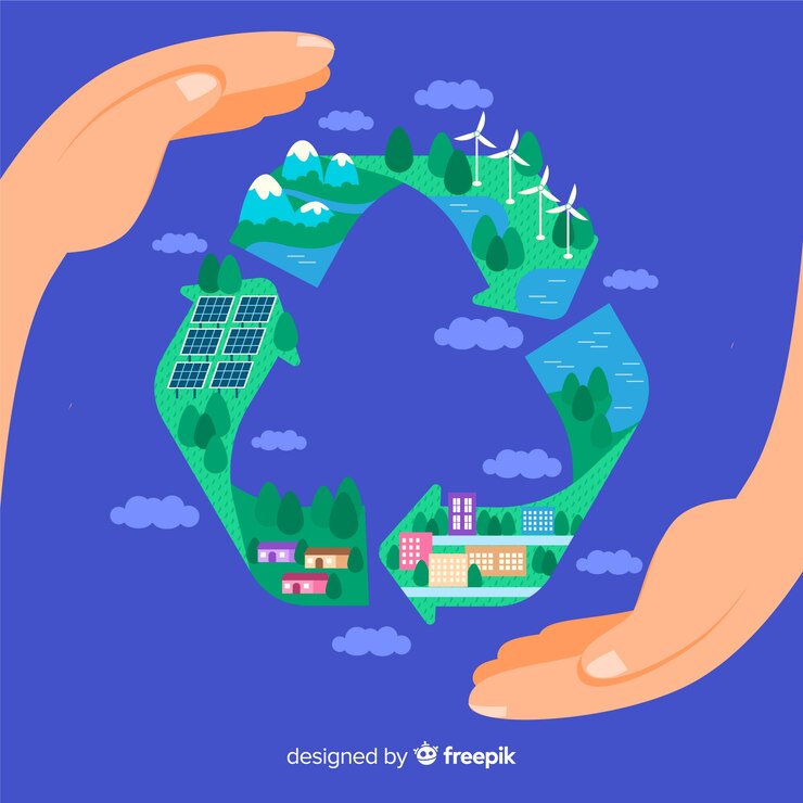 Vector gratuito símbolo de reciclaje con prados verdes