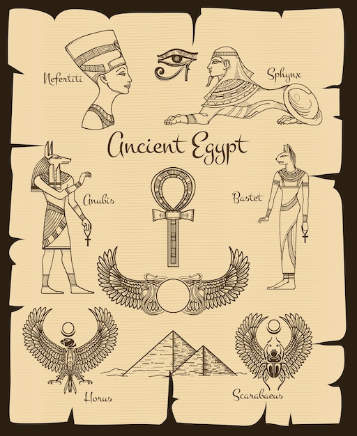 Vector gratuito símbolos del antiguo egipto. esfinge y nefertiti, horus y scarabaeus, religión tradicional, ilustración vectorial