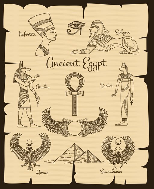 Símbolos del antiguo Egipto. Esfinge y nefertiti, horus y scarabaeus, religión tradicional, ilustración vectorial