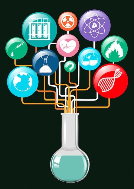 Símbolos de la ciencia y recipiente de vidrio