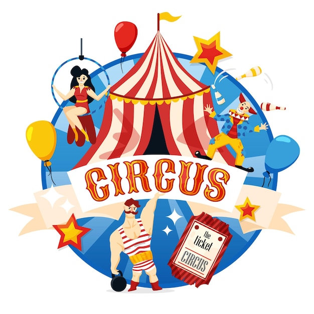 Símbolos de circo itinerante clásico composición circular con chapiteau rojo carpa blanca hombre fuerte payaso acróbata ilustración plana