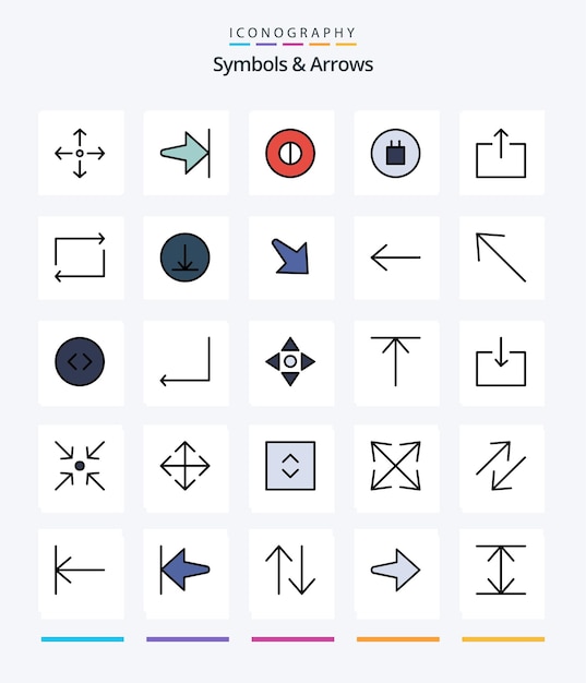Símbolos creativos flechas paquete de iconos rellenos de 25 líneas, como símbolos de círculo de flecha, flecha repetida