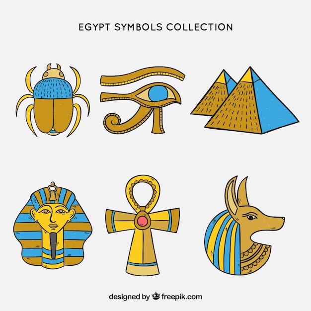 Vector gratuito símbolos y dioses egiptos en estilo dibujado a mano
