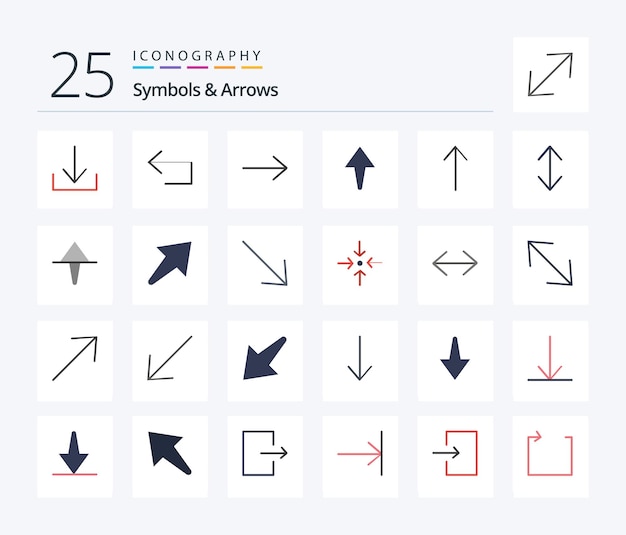 Símbolos Flechas 25 Paquete de iconos de color plano que incluye escala de inicio de flecha arriba hacia la derecha