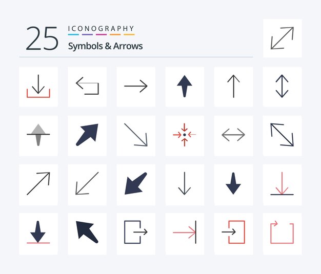 Símbolos Flechas 25 Paquete de iconos de color plano que incluye escala de inicio de flecha arriba hacia la derecha