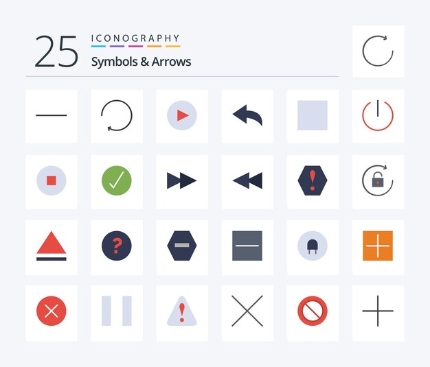 Símbolos Flechas 25 Paquete de iconos de color plano que incluye verificación completa deshacer detener vaso
