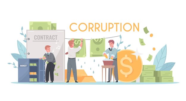 Símbolos de lavado de dinero de corrupción negocios contratos con sobornos presupuesto ilegal no autorizado uso ilustración de vector de composición de dibujos animados