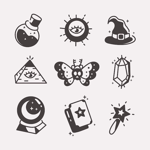 Símbolos mágicos de diseño plano