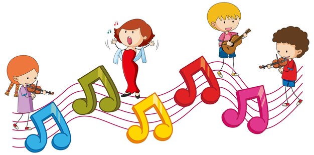 Símbolos de melodía musical colorida con muchos personajes de dibujos animados de niños doodle