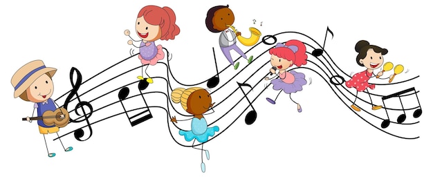 Símbolos de melodía musical con muchos personajes de dibujos animados de niños doodle