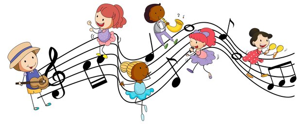 Símbolos de melodía musical con muchos personajes de dibujos animados de niños doodle