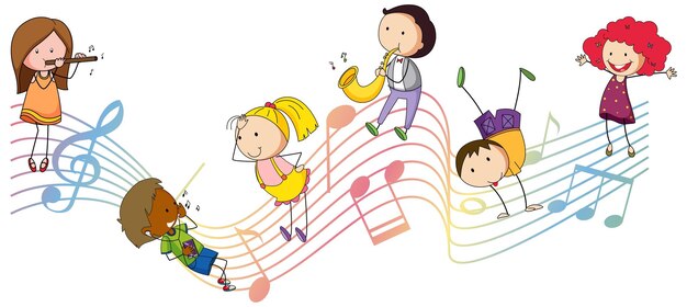 Símbolos de melodía musical con muchos personajes de dibujos animados de niños doodle
