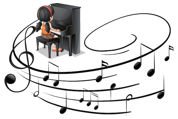 Símbolos de melodía musical con una niña tocando el piano aislado