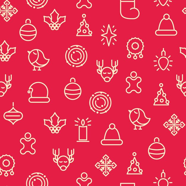 Símbolos monótonos de feliz Navidad de patrones sin fisuras con diferentes tipos de regalos y juguetes de acebo