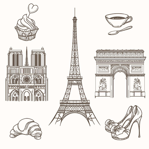 Símbolos de París dibujados a mano. Turismo francés y torre eiffel, notre dame y croissant iconos. Dibujado a mano París signos ilustración vectorial