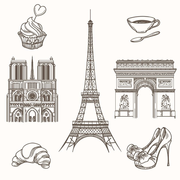 Símbolos de París dibujados a mano. Turismo francés y torre eiffel, notre dame y croissant iconos. Dibujado a mano París signos ilustración vectorial
