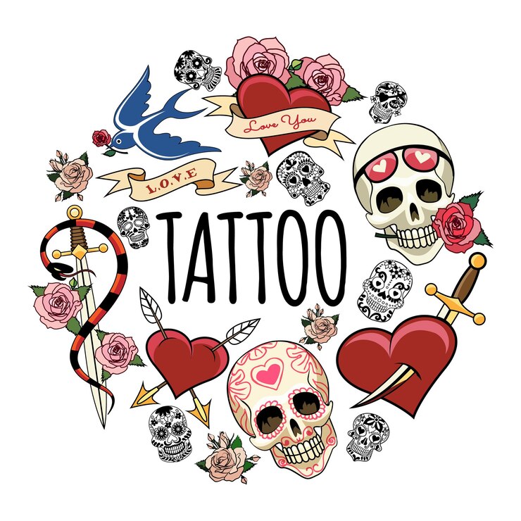 Vector gratuito símbolos del tatuaje del bosquejo concepto redondo con diferentes cráneos humanos y de azúcar tragar serpiente alrededor de la espada rosa flores perforadas corazones ilustración,