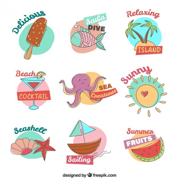 Simpática colección de elementos de verano dibujados a mano