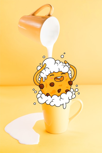 Vector gratuito simpática galleta tomando un baño de leche