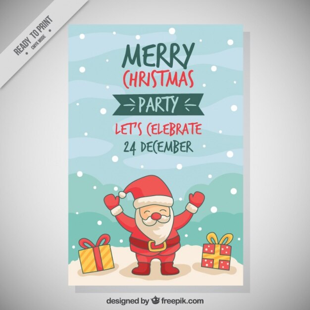 Simpática invitación de fiesta de navidad con santa claus dibujado a mano 