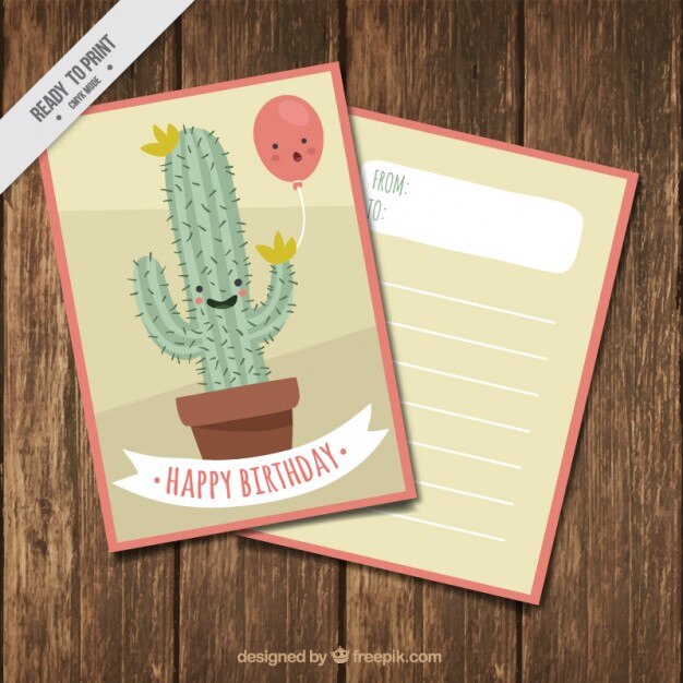 Vector gratuito simpática tarjeta de cumpleaños de cactus con globo
