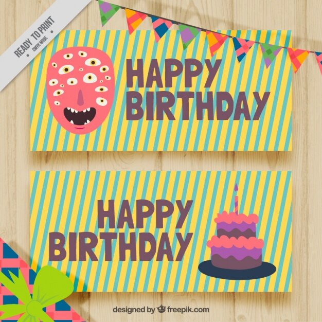 Vector gratuito simpáticas tarjetas de cumpleaños de rayas 