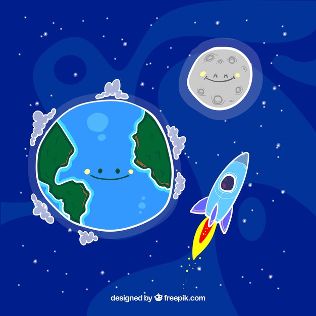 Simpático fondo de tierra con luna y cohete dibujados a mano